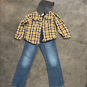 Yellow Plaid hooded button down Shirt & Blue Jeans
